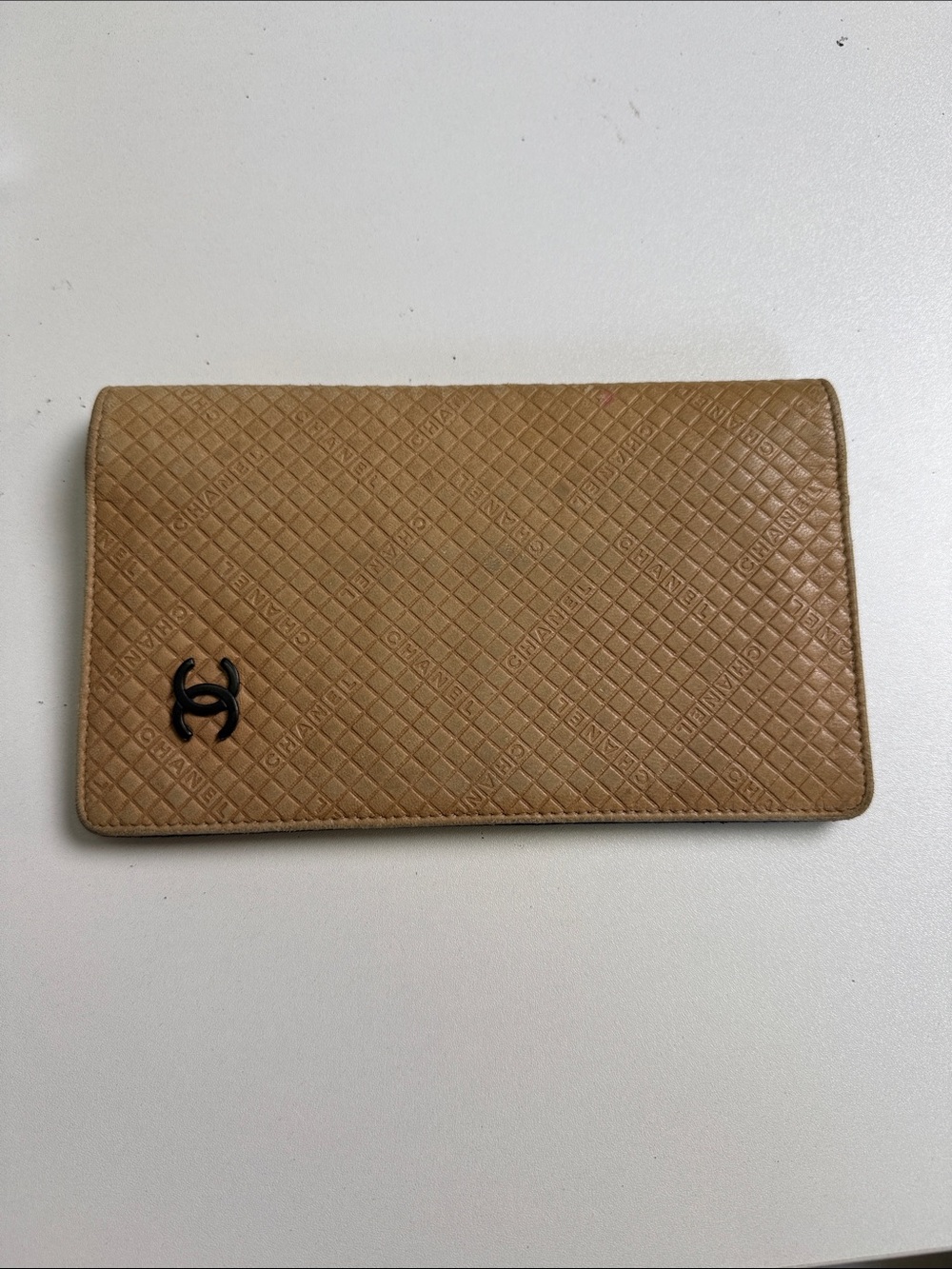 CHANEL Tan Quilted Leather Wallet with Black CC Emblem